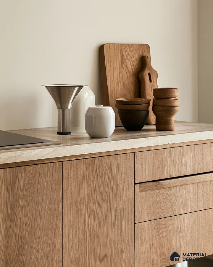 Minimalist Kitchen with Warm Wood Tones and Concrete Countertops | Material Depot