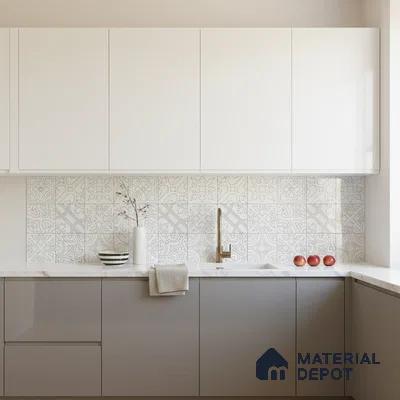 Minimalist kitchen with white and grey laminate, patterned backsplash tile, and white marble countertop in Bengaluru
