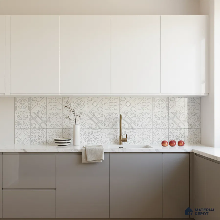 Minimalist kitchen with white and grey laminate, patterned backsplash tile, and white marble countertop in Bengaluru