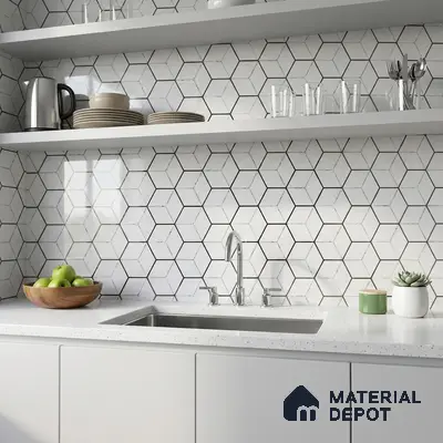 Minimalist kitchen with white hexagonal geometric backsplash tile and frosty white quartz countertop