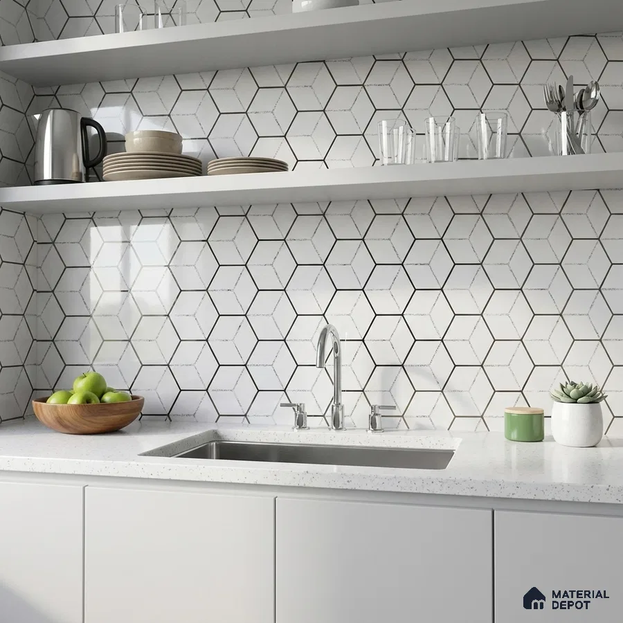 Minimalist kitchen with white hexagonal geometric backsplash tile and frosty white quartz countertop
