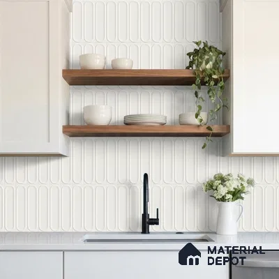 Minimalist kitchen with white kitkat wall tiles, white quartz countertop, and wooden open shelves