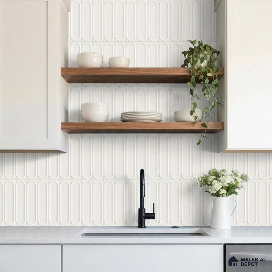 Minimalist kitchen with white kitkat wall tiles, white quartz countertop, and wooden open shelves