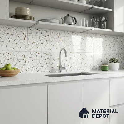 Minimalist kitchen with white mosaic geometric backsplash tile and frosty white quartz countertop