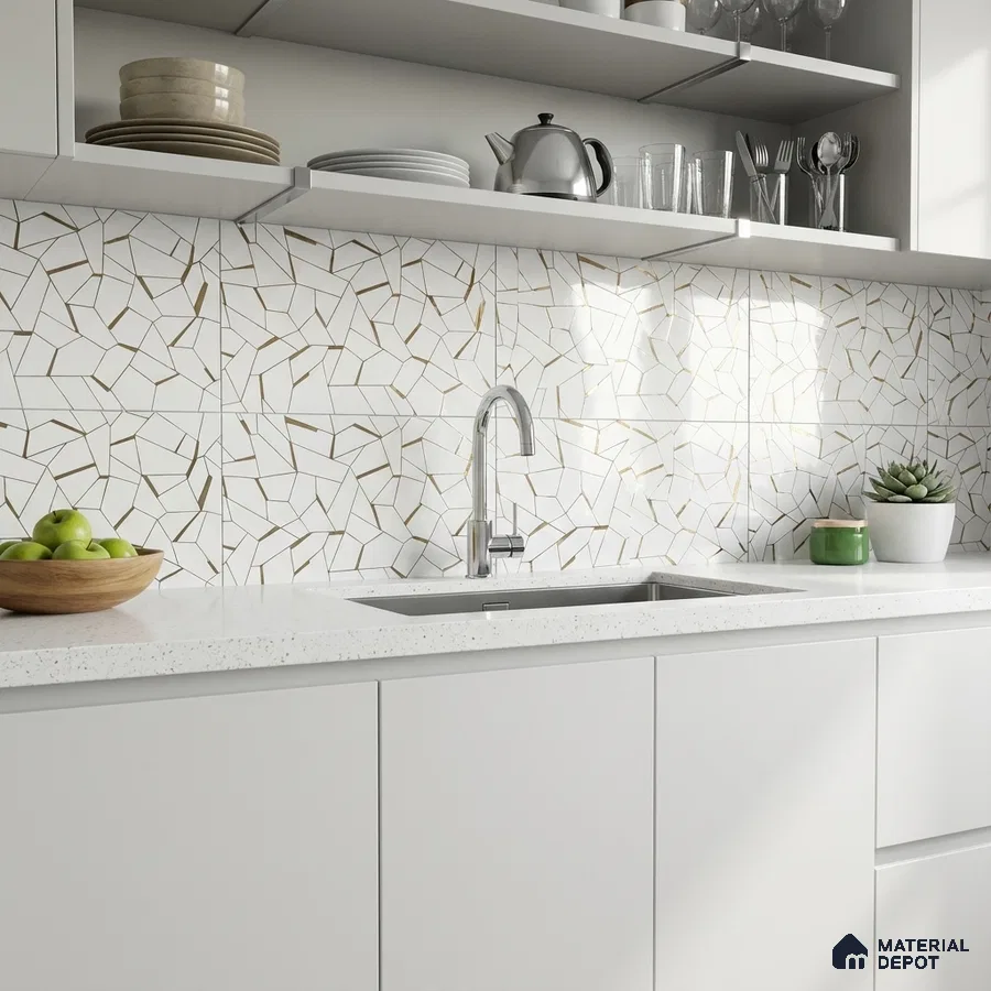 Minimalist kitchen with white mosaic geometric backsplash tile and frosty white quartz countertop
