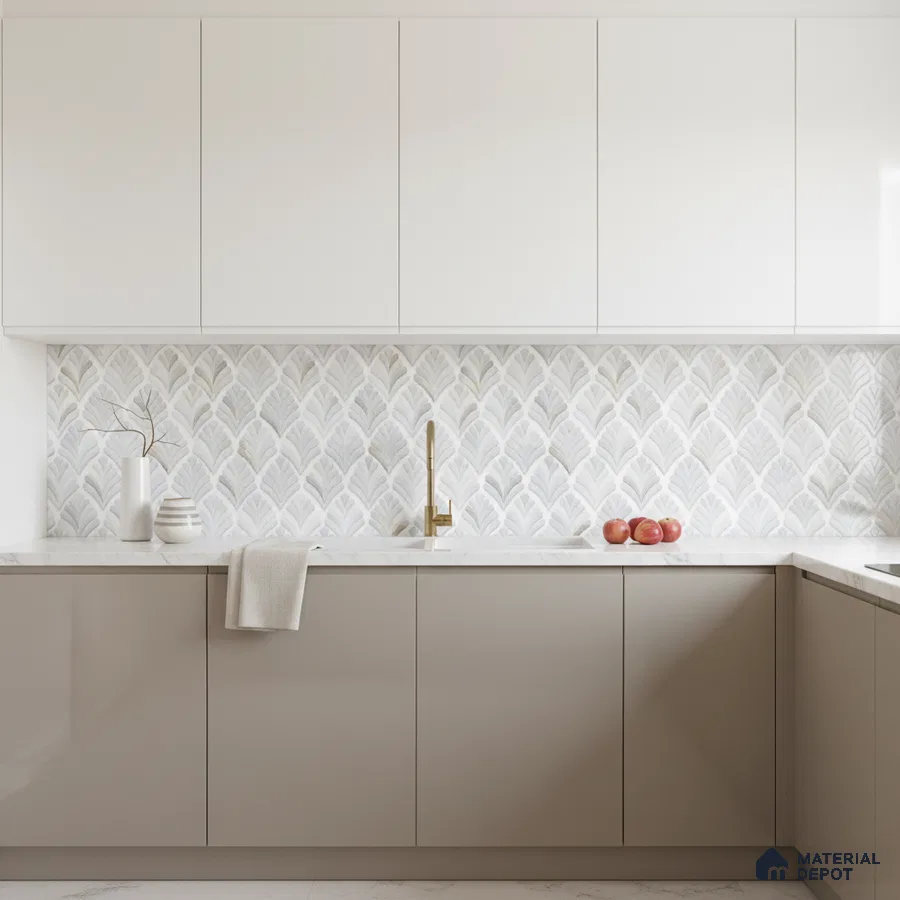 Minimalist kitchen with white solid laminate cabinets, beige matte laminate base, and patterned leaf motif backsplash tile in Bengaluru