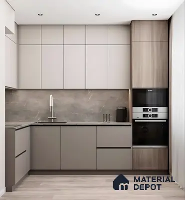 Minimalist L-Shaped Kitchen With Taupe Cabinets And Stone Finish Backsplash | Material Depot