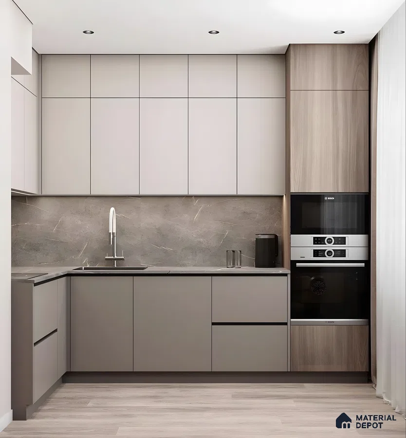 Minimalist L-Shaped Kitchen With Taupe Cabinets And Stone Finish Backsplash | Material Depot