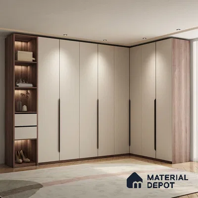 Minimalist L-shaped wardrobe with frosty white laminate shutters and walnut wood laminate open shelves | Material Depot