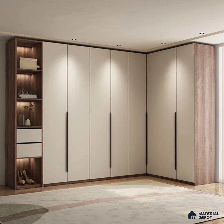Minimalist L-shaped wardrobe with frosty white laminate shutters and walnut wood laminate open shelves | Material Depot