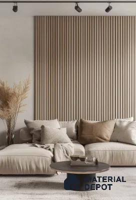 Minimalist Living Room with Neutral Palette and Fluted Wall Paneling | Material Depot