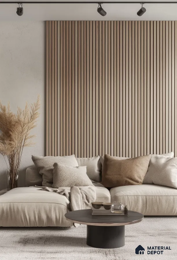 Minimalist Living Room with Neutral Palette and Fluted Wall Paneling | Material Depot