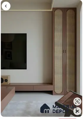 Minimalist Living Room Tv Unit With Walnut Finish And Arched Rattan Cane Shutter Cabinets | Material Depot