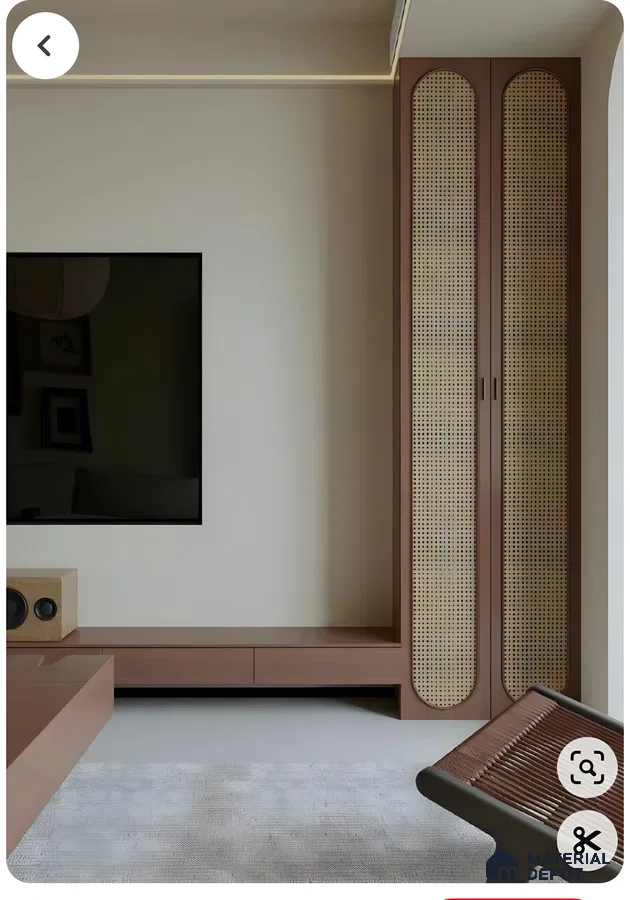 Minimalist Living Room Tv Unit With Walnut Finish And Arched Rattan Cane Shutter Cabinets | Material Depot