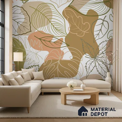 Minimalist living room with abstract botanical wallpaper and light wood furniture in Bengaluru