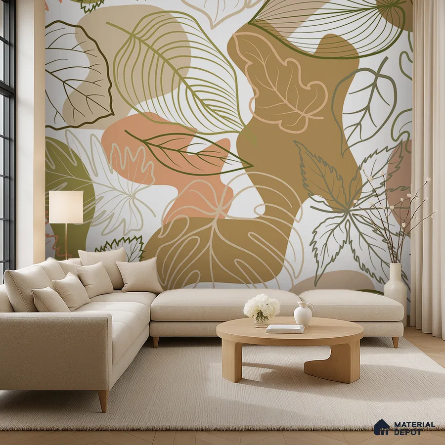 Minimalist living room with abstract botanical wallpaper and light wood furniture in Bengaluru