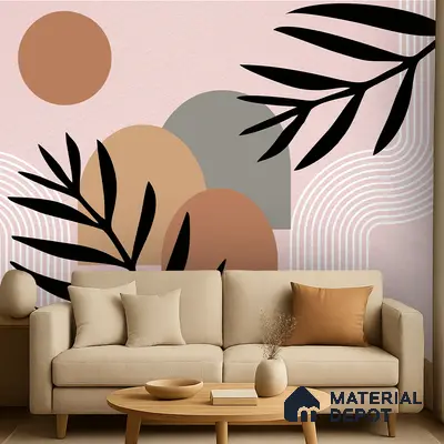 Minimalist living room with abstract geometric wallpaper and beige fabric sofa in Bengaluru