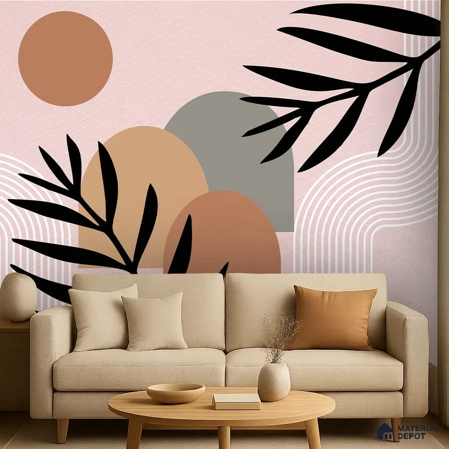 Minimalist living room with abstract geometric wallpaper and beige fabric sofa in Bengaluru