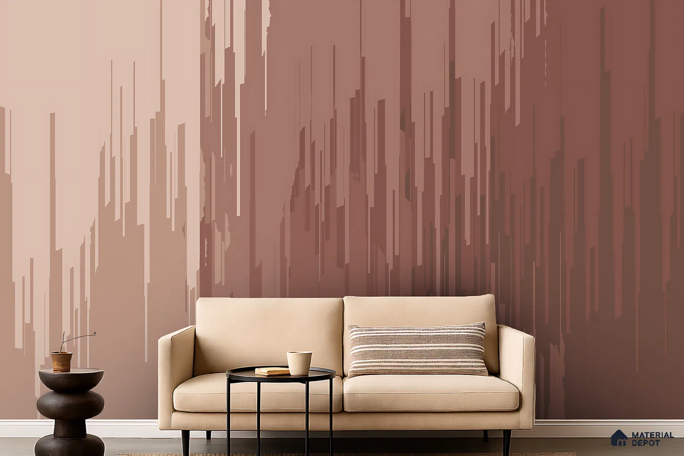 Minimalist living room with abstract geometric wallpaper and beige fabric sofa in Bengaluru