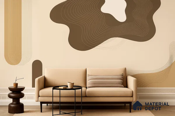 Minimalist living room with abstract geometric wallpaper and beige fabric sofa in Bengaluru