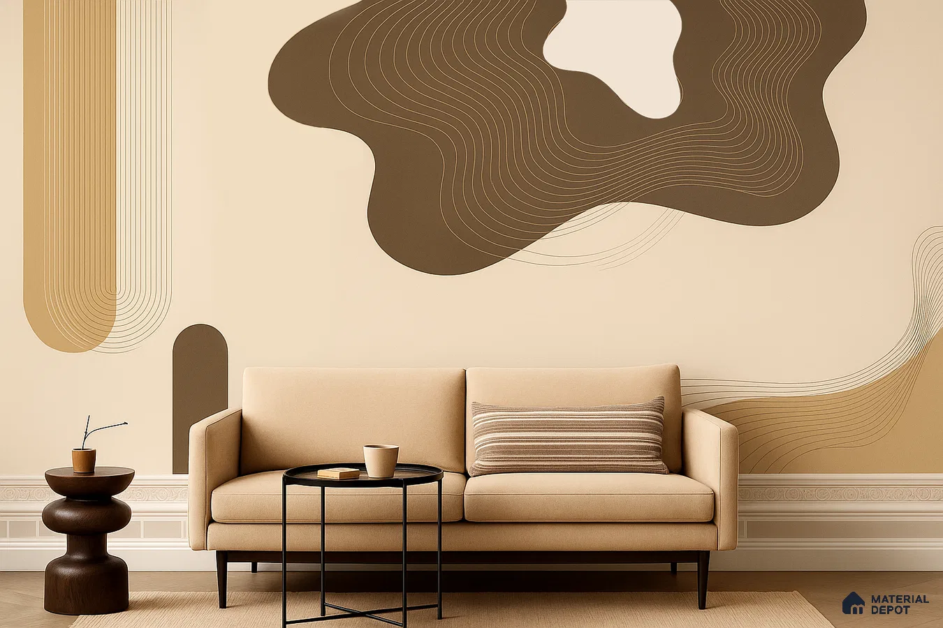 Minimalist living room with abstract geometric wallpaper and beige fabric sofa in Bengaluru