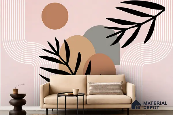Minimalist living room with abstract geometric wallpaper and beige fabric sofa in Bengaluru