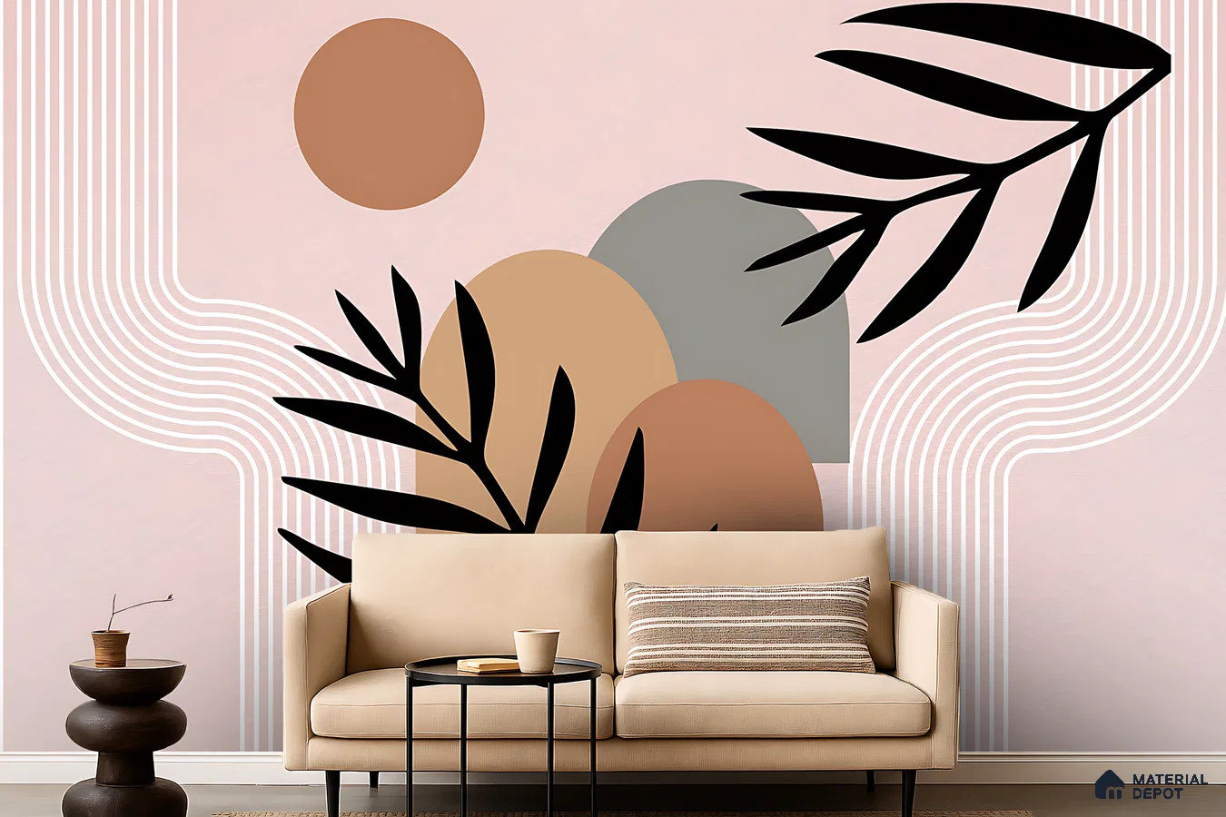 Minimalist living room with abstract geometric wallpaper and beige fabric sofa in Bengaluru