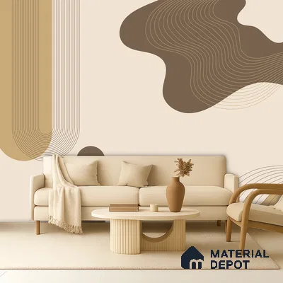 Minimalist living room with abstract geometric wallpaper and light wood coffee table in Bengaluru