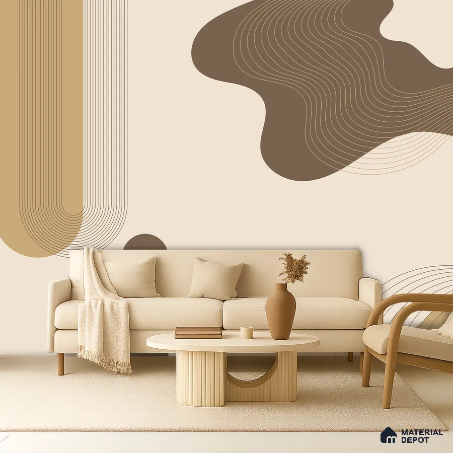 Minimalist living room with abstract geometric wallpaper and light wood coffee table in Bengaluru