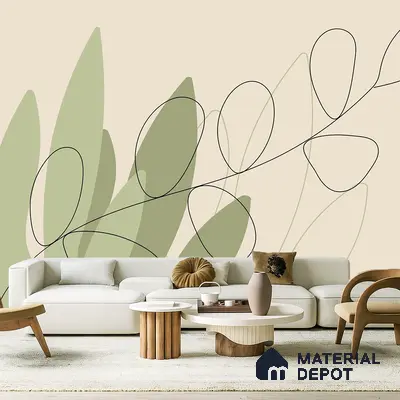 Minimalist living room with abstract green wallpaper, white fabric sofa, and natural wood coffee tables in Bengaluru