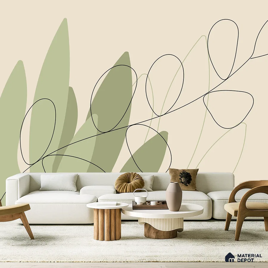 Minimalist living room with abstract green wallpaper, white fabric sofa, and natural wood coffee tables in Bengaluru