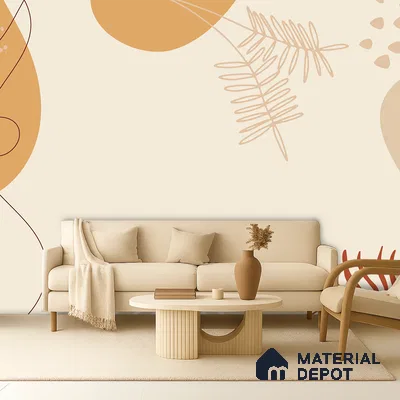 Minimalist living room with abstract patterned wallpaper and beige upholstery in Bengaluru