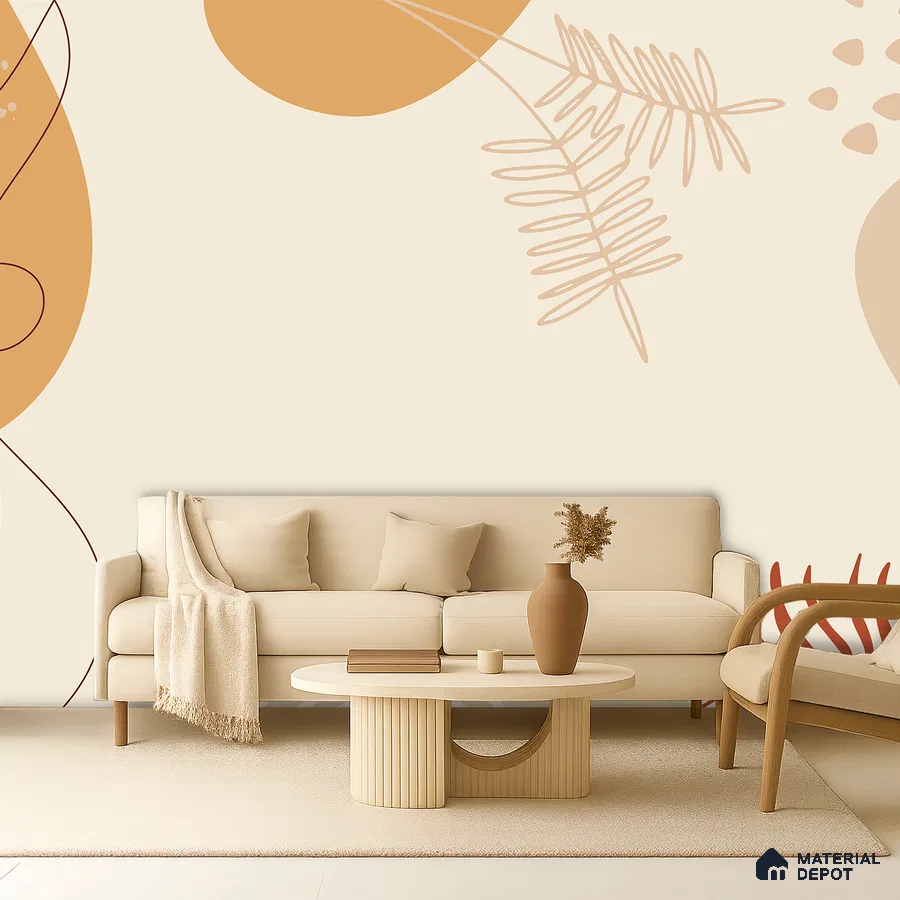 Minimalist living room with abstract patterned wallpaper and beige upholstery in Bengaluru