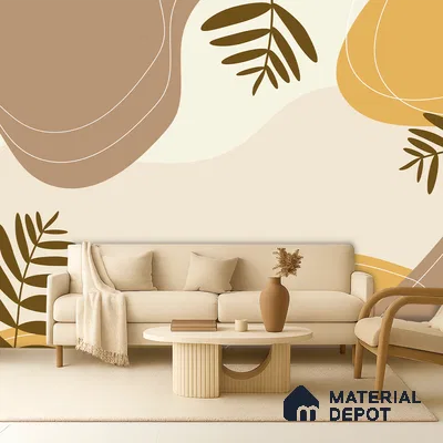 Minimalist living room with abstract patterned wallpaper and beige upholstery in Bengaluru
