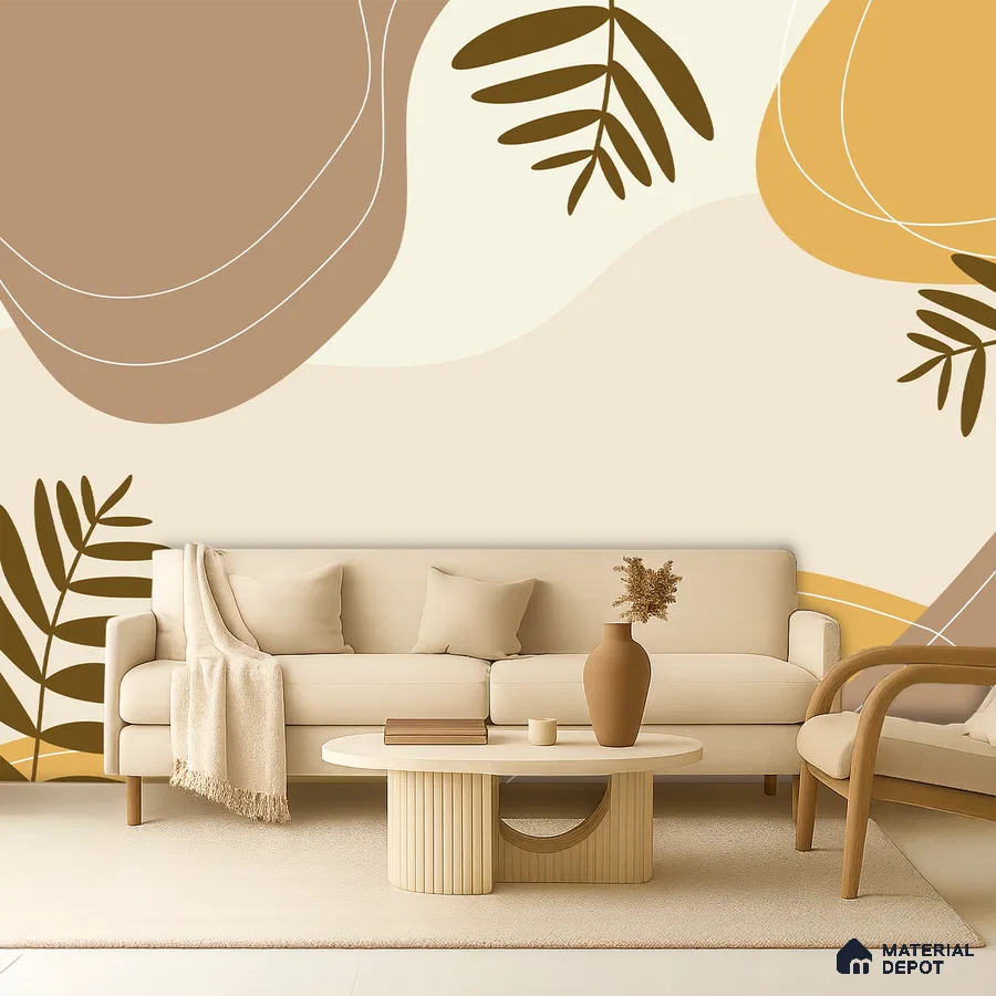 Minimalist living room with abstract patterned wallpaper and beige upholstery in Bengaluru