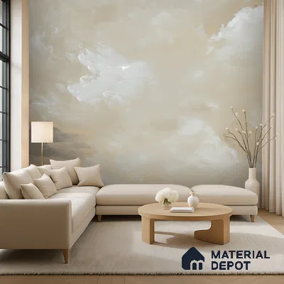 Minimalist living room with beige abstract wallpaper and light wood coffee table in Bengaluru