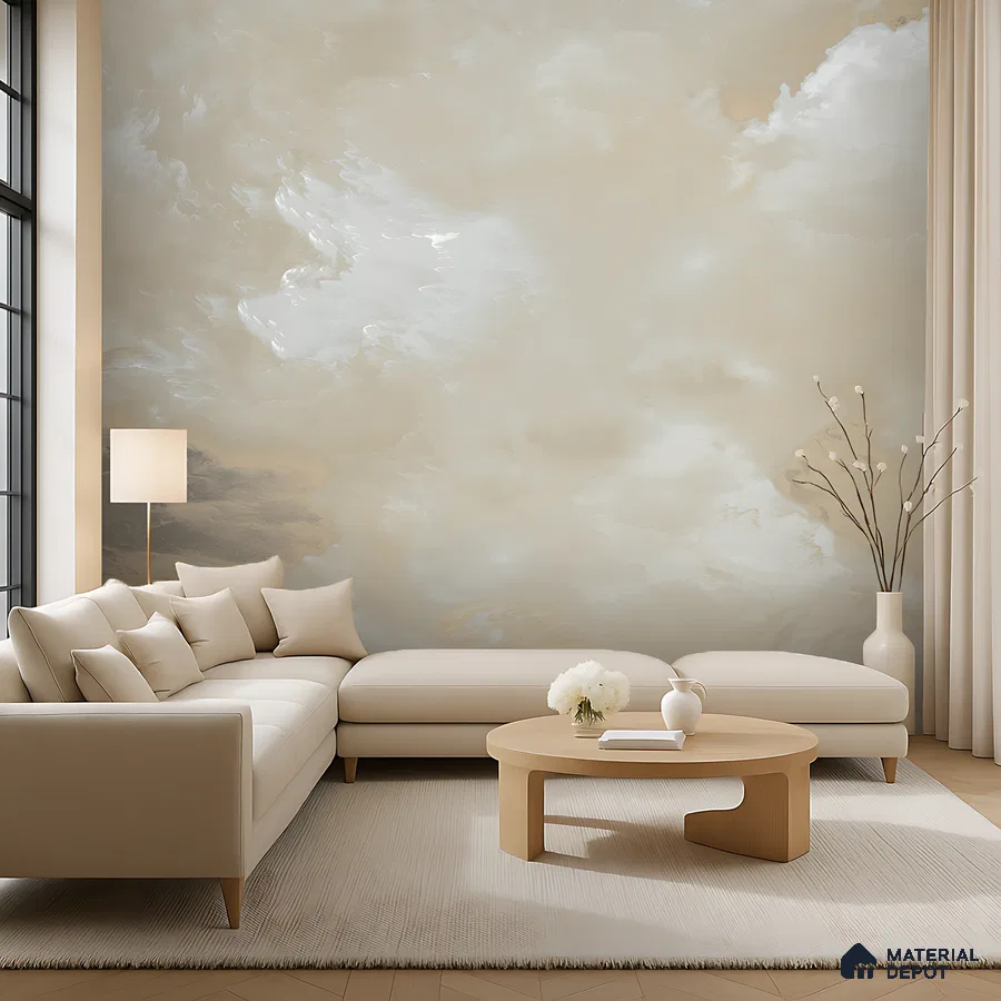 Minimalist living room with beige abstract wallpaper and light wood coffee table in Bengaluru