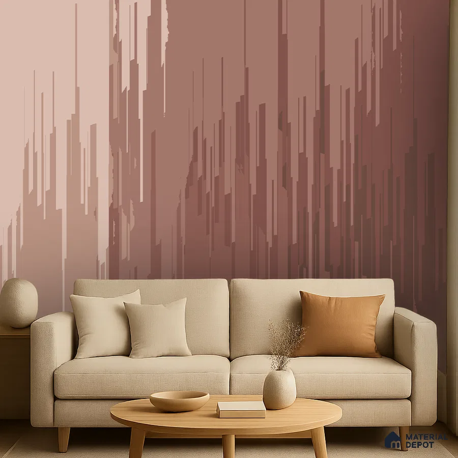 Minimalist living room with beige fabric sofa and mauve geometric abstract wallpaper in Bengaluru
