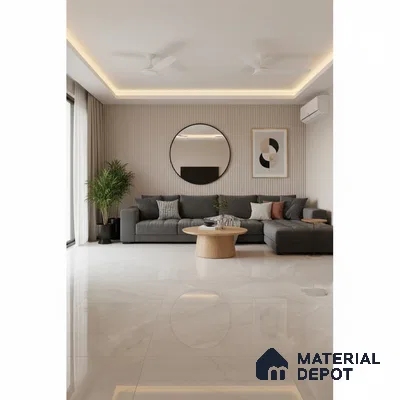 Minimalist living room with beige fluted wall panels and glossy white marble floor tiles in Bengaluru