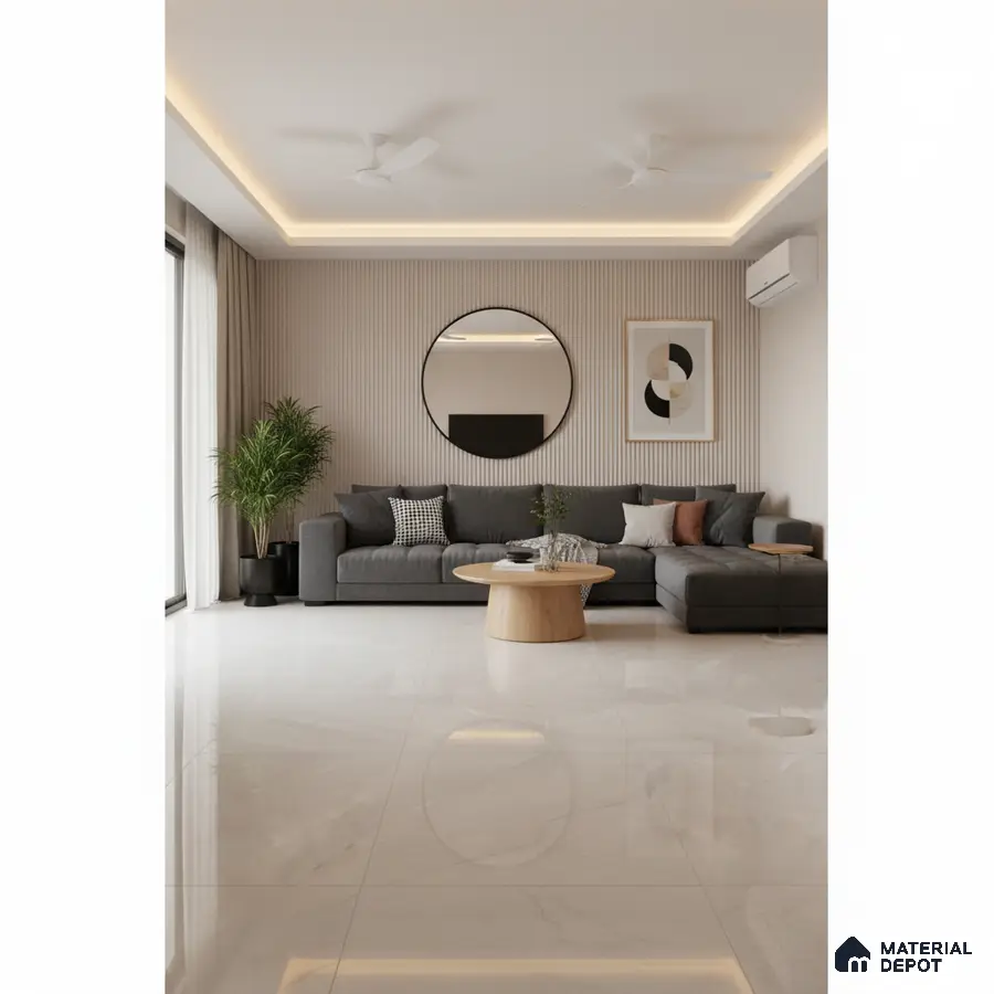 Minimalist living room with beige fluted wall panels and glossy white marble floor tiles in Bengaluru