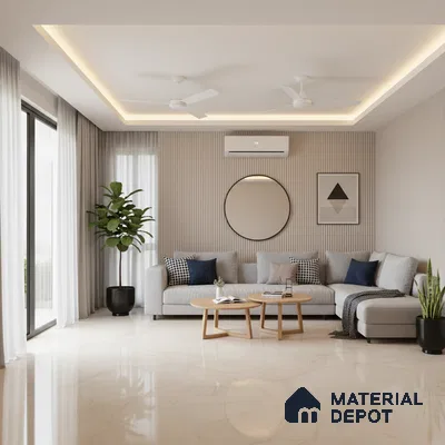 Minimalist living room with beige marble floor tile and fluted wall panels in Bengaluru