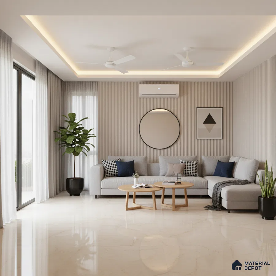 Minimalist living room with beige marble floor tile and fluted wall panels in Bengaluru