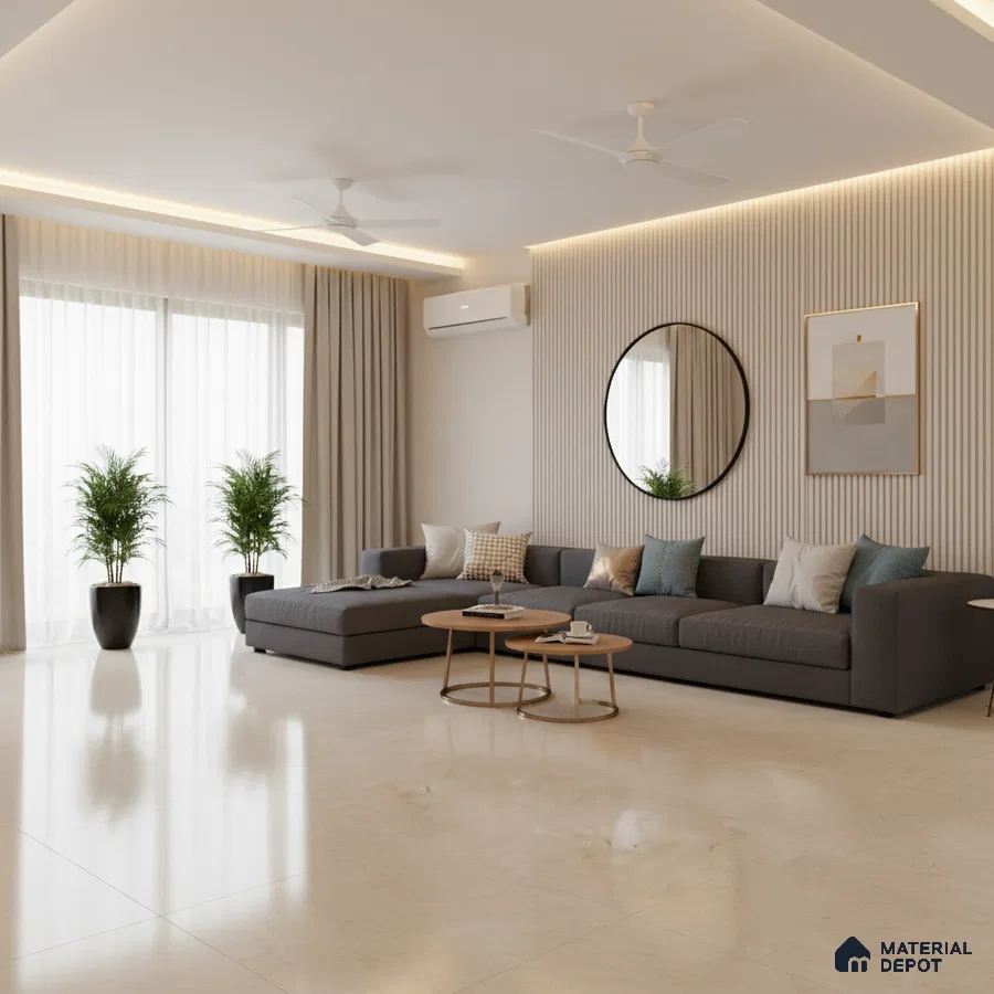Minimalist living room with beige marble floor tiles and fluted wall panels in Bengaluru