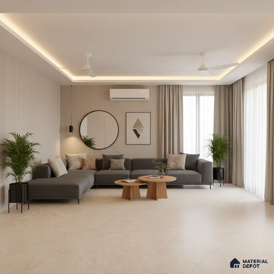 Minimalist living room with beige marble floor tiles and fluted wall panels in Bengaluru