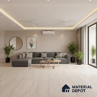 Minimalist living room with beige marble floor tiles and light wood fluted wall panels in Bengaluru