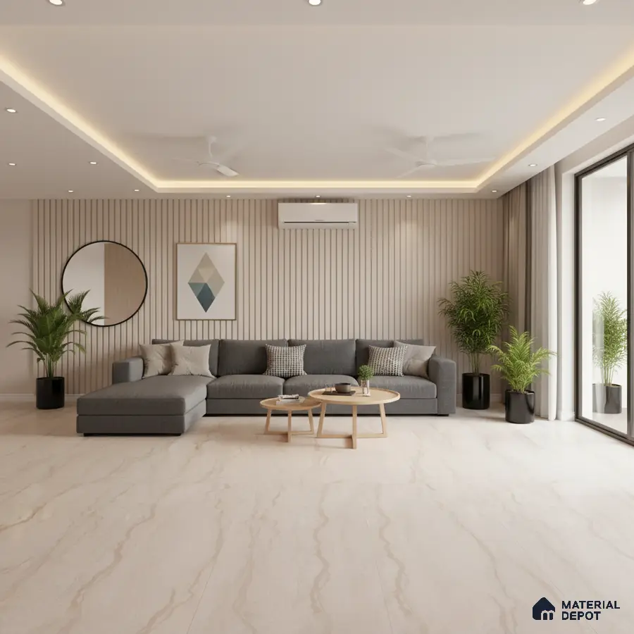 Minimalist living room with beige marble floor tiles and light wood fluted wall panels in Bengaluru