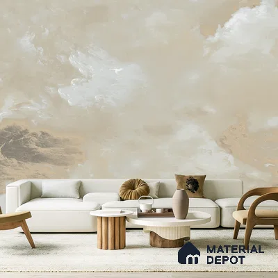 Minimalist living room with beige marble-effect wallpaper and light wood accent furniture in Bengaluru