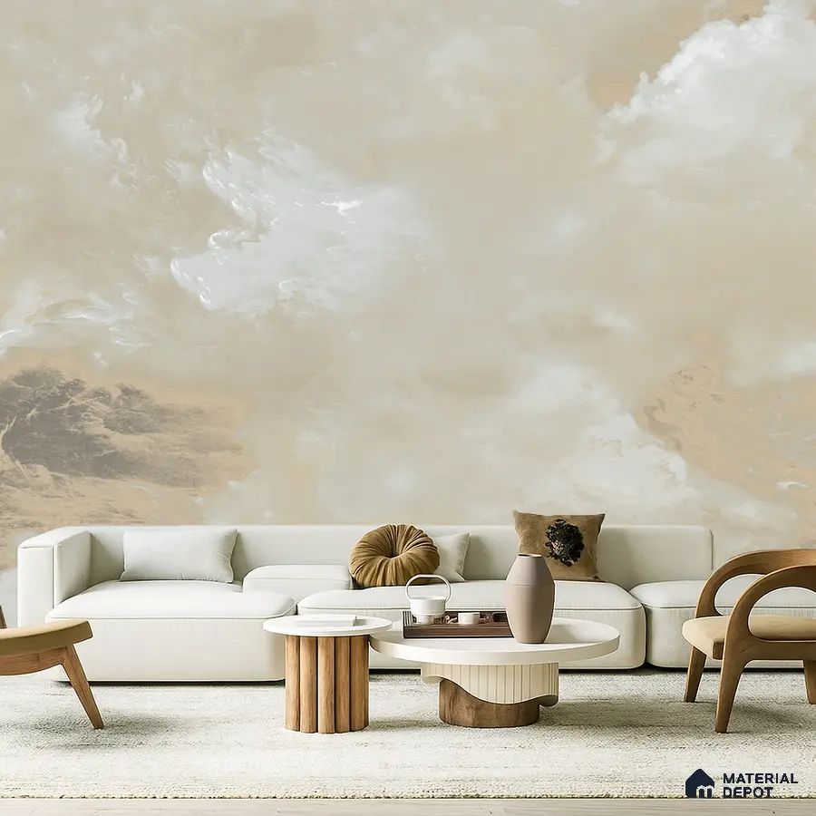 Minimalist living room with beige marble-effect wallpaper and light wood accent furniture in Bengaluru