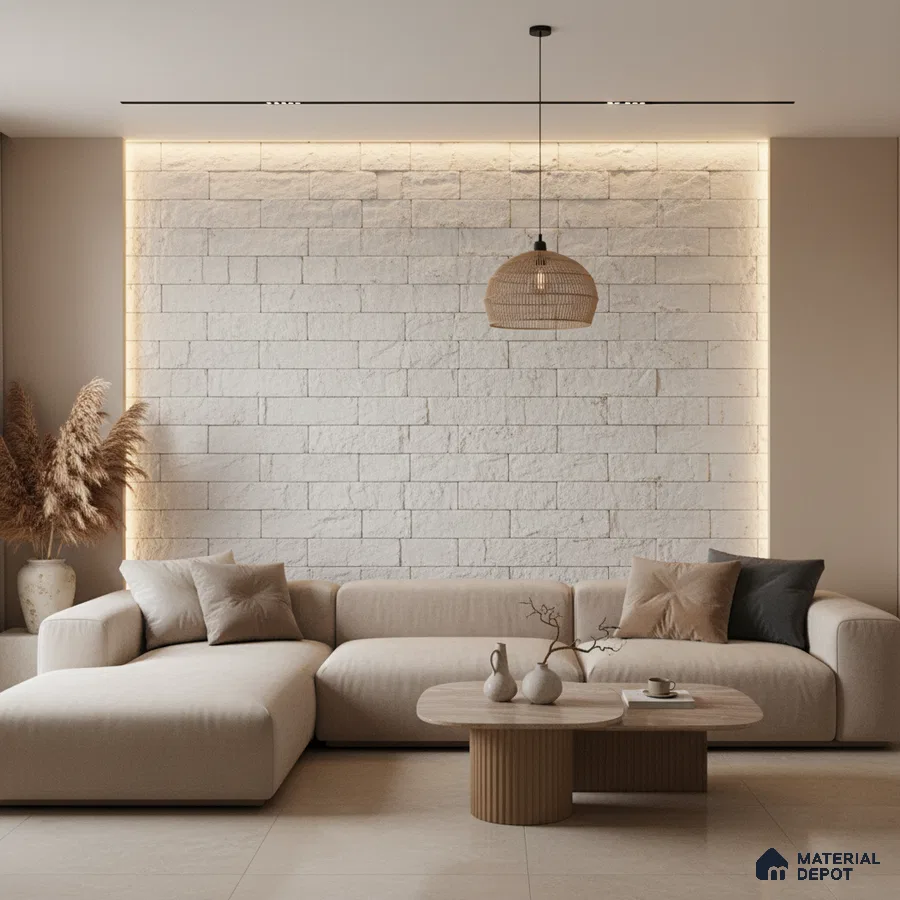 Minimalist living room with beige stone cladding accent wall and light wood coffee table in Bengaluru