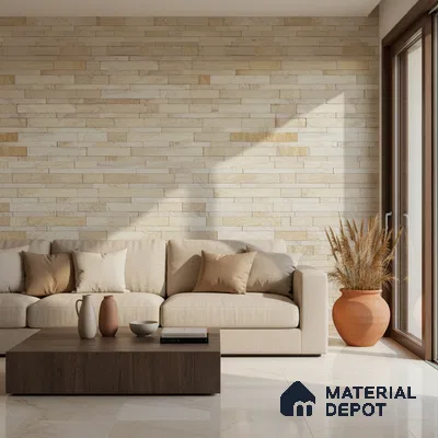 Minimalist living room with beige stone cladding wall and cream marble floor tile in Bengaluru